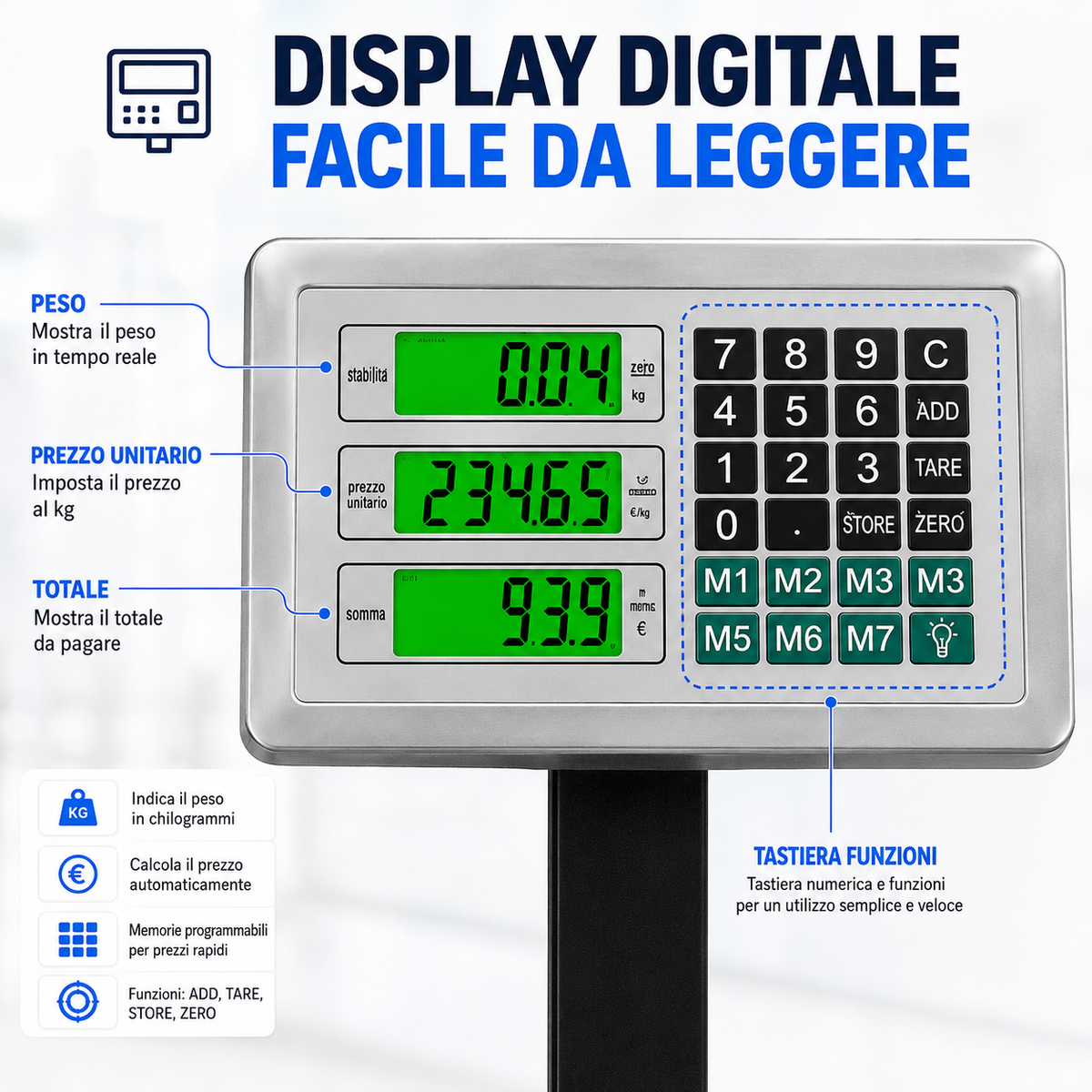 BDIT ACCESSORI Bilancia Digitale Professionale 300 kg, Bilancia Elettronica a Piattaforma con Display LCD e Tastiera, Ampia Pedana, per Magazzino, Deposito, Negozio e Pacchi