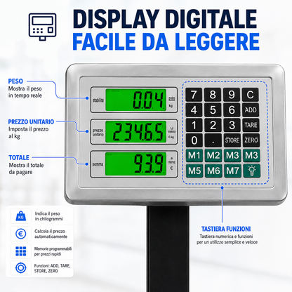 BDIT ACCESSORI Bilancia Digitale Professionale 300 kg, Bilancia Elettronica a Piattaforma con Display LCD e Tastiera, Ampia Pedana, per Magazzino, Deposito, Negozio e Pacchi
