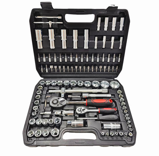 Set Chiavi a Bussola 108 Pezzi con Cricchetto Reversibile, Bussole Metriche, Inserti Bit e Prolunghe, Kit Attrezzi Completo per Riparazioni Auto, Moto e Lavori Fai da Te con Valigetta