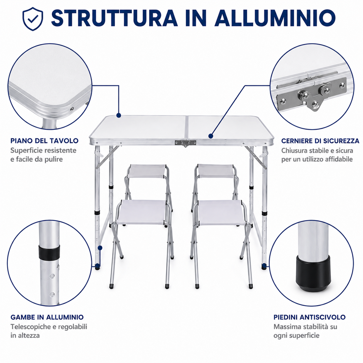 Tavolo Pieghevole da Campeggio con 4 Sgabelli Inclusi, Tavolo Picnic Portatile Richiudibile con Altezza Regolabile 55/62/70 cm, Tavolo da Giardino Campeggio Pesca BBQ Escursioni 120x60 cm