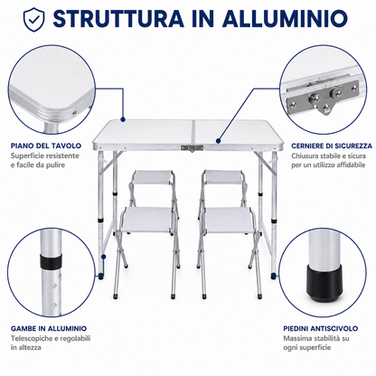 Tavolo Pieghevole da Campeggio con 4 Sgabelli Inclusi, Tavolo Picnic Portatile Richiudibile con Altezza Regolabile 55/62/70 cm, Tavolo da Giardino Campeggio Pesca BBQ Escursioni 120x60 cm