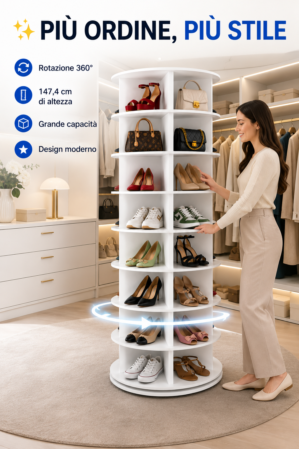 BDIT Accessori Scarpiera Girevole 360°, Scarpiera Rotante a 7 Livelli con 28 Scomparti, 147,4 × 59 cm, Mobile Porta Scarpe Salvaspazio, Organizzatore per Scarpe, Borse e Accessori, Bianca, per Ingresso, Camera e Cabina Armadio