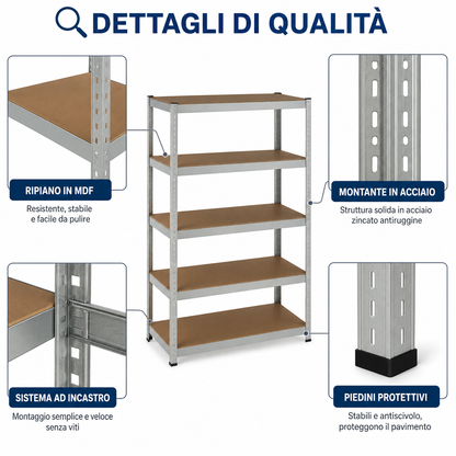 Scaffale Metallico 180x90x40 cm a 5 Ripiani, Scaffalatura in Acciaio Zincato con Ripiani MDF, Sistema ad Incastro Senza Viti, Scaffale Multiuso per Garage, Cantina, Magazzino e Lavanderia