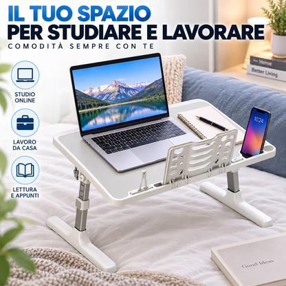 BDIT Accessori Tavolino Pieghevole per Laptop, Tavolino da Letto Regolabile con Piano Inclinabile 0-36°, Supporto Smartphone e Ferma Oggetti, per Studio, Lavoro, Divano e Letto, 56x31x17 cm, Bianco