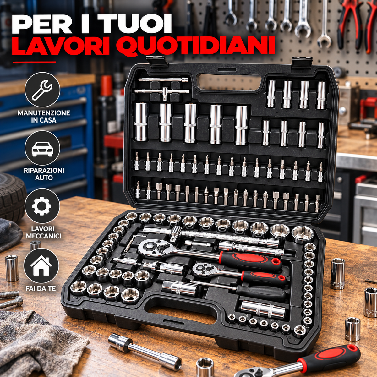 BDIT Accessori Set Chiavi a Bussola con Cricchetti, Valigetta Portautensili Completa con Bussole, Inserti, Prolunghe e Accessori, Kit Utensili per Manutenzione, Auto e Fai da Te