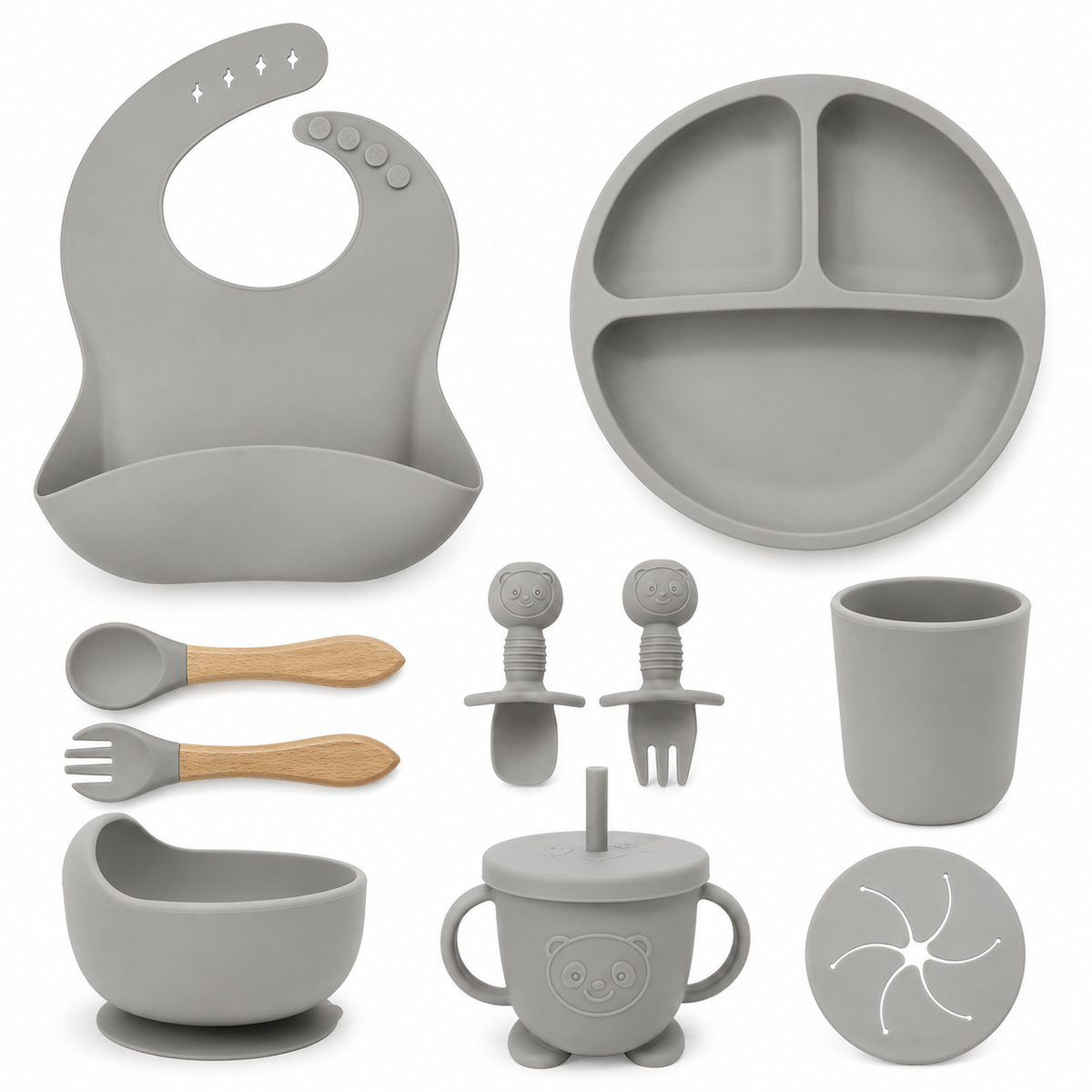 Set Pappa Svezzamento Neonati in Silicone Rosa, Kit Pappa Bambini con Piatto Ventosa, Ciotola, Bavaglino, Bicchiere, Tazza con Cannuccia e Posate, Set Alimentazione Baby Food Grade BPA Free