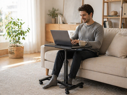 Tavolino Laptop Regolabile con Ruote, Tavolo PC per Divano e Letto, Altezza Regolabile 59–89 cm, Tavolino Porta Notebook Girevole 360°, Scrivania Salvaspazio per Casa Ufficio