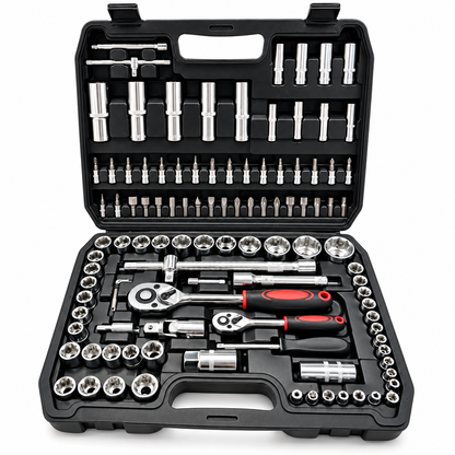 BDIT Accessori Set Chiavi a Bussola con Cricchetti, Valigetta Portautensili Completa con Bussole, Inserti, Prolunghe e Accessori, Kit Utensili per Manutenzione, Auto e Fai da Te