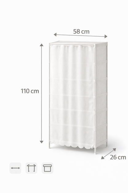 Scarpiera 7 Ripiani con Tenda – Colore Bianco – Struttura in Metallo e Ripiani in Stoffa – Organizer Salvaspazio 58x26x110 cm per Ingresso, Camera e Ripostiglio