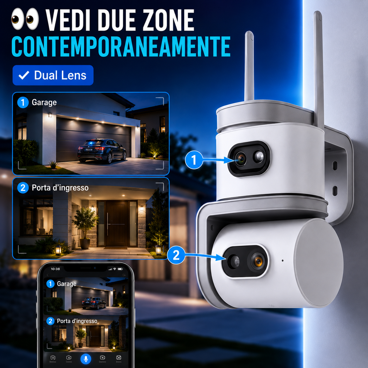 Telecamera WiFi Esterno Dual Lens, Telecamera di Sorveglianza 355° PTZ con Visione Notturna a Colori, Rilevamento Movimento, Audio Bidirezionale, WiFi 2.4 GHz, Controllo da App per Casa, Garage e Negozio