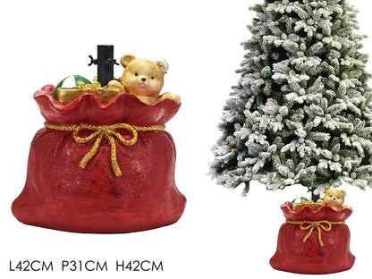 🎄 Base Albero di Natale a Sacco Regalo con Orsetto e Decorazioni – Supporto Decorativo per Albero Natalizio 🎁