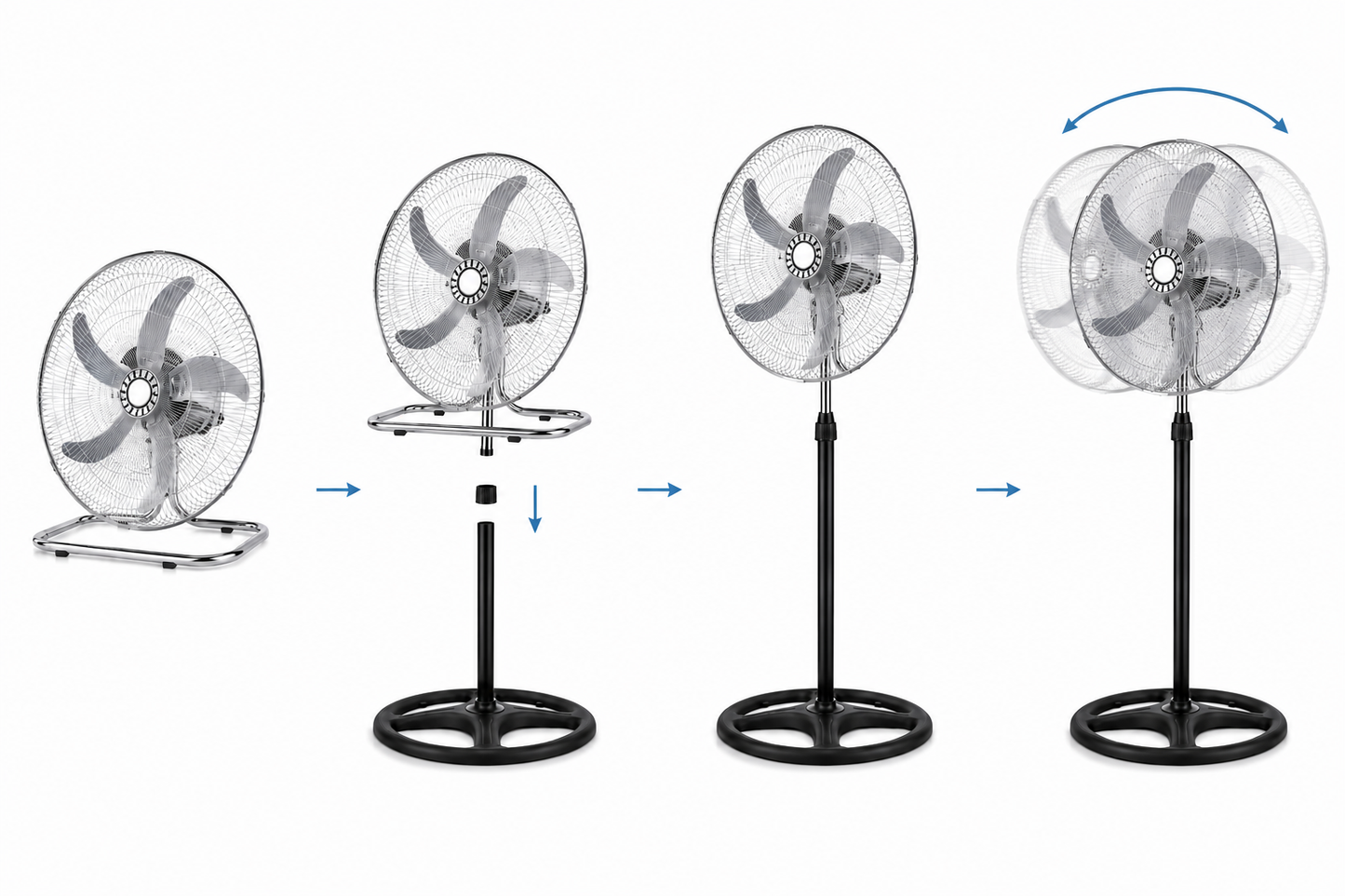 Ventilatore 3 in 1 da Terra e Tavolo Cromato, Ventilatore Oscillante con Piedistallo Regolabile, Ventola Silenziosa ad Alta Potenza, Design Moderno in Metallo per Casa Ufficio Camera