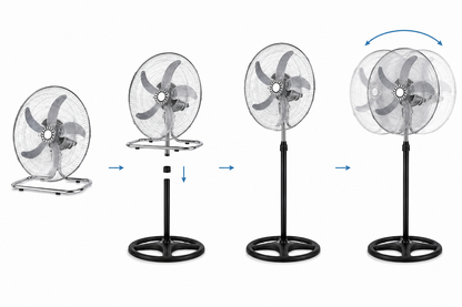 Ventilatore 3 in 1 da Terra e Tavolo Cromato, Ventilatore Oscillante con Piedistallo Regolabile, Ventola Silenziosa ad Alta Potenza, Design Moderno in Metallo per Casa Ufficio Camera