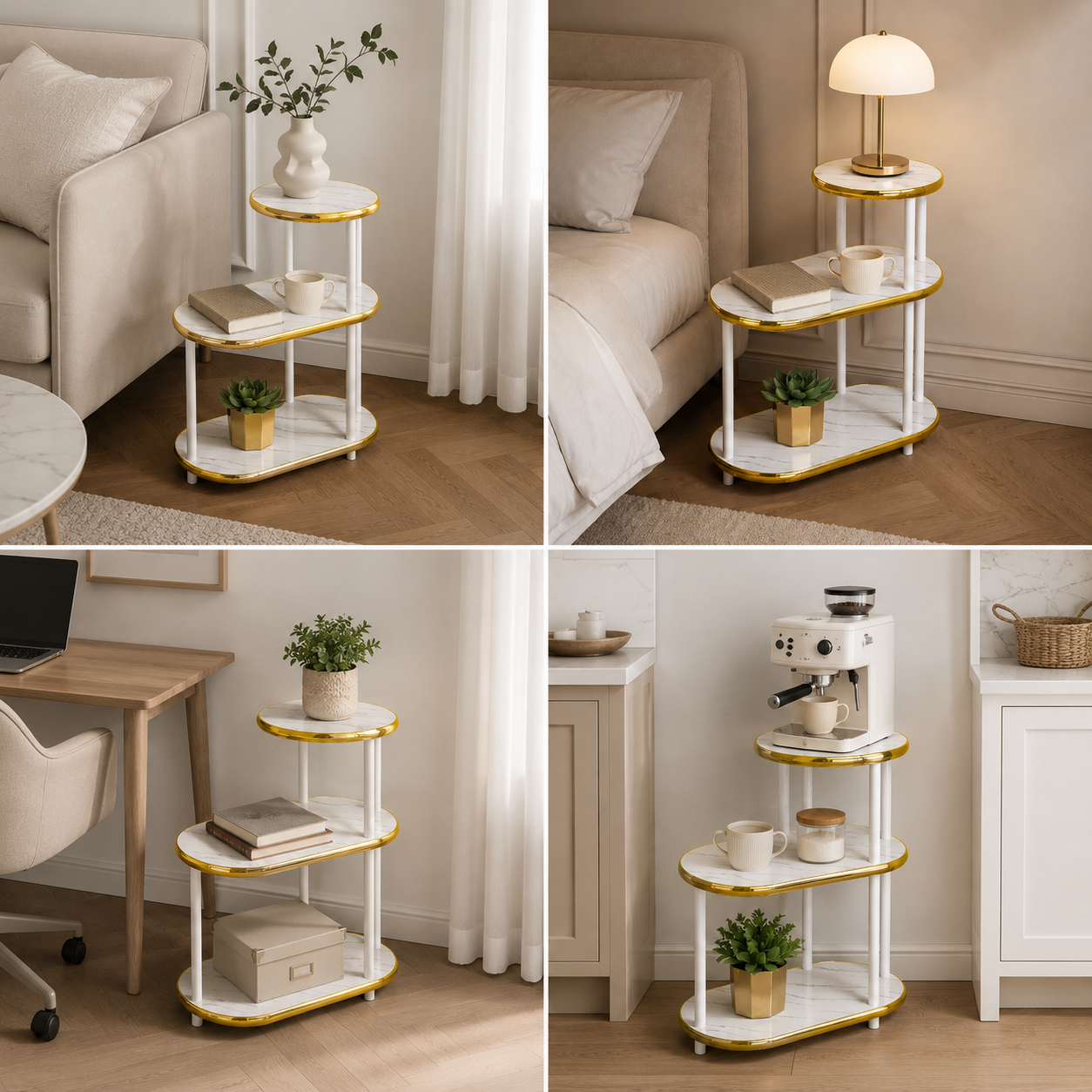 Tavolino da Salotto Moderno 3 Ripiani Effetto Marmo Bianco con Bordi Oro, Tavolino Laterale Salvaspazio, Mobiletto Multiuso per Camera da Letto, Soggiorno e Angolo Caffè, 68x60x30 cm