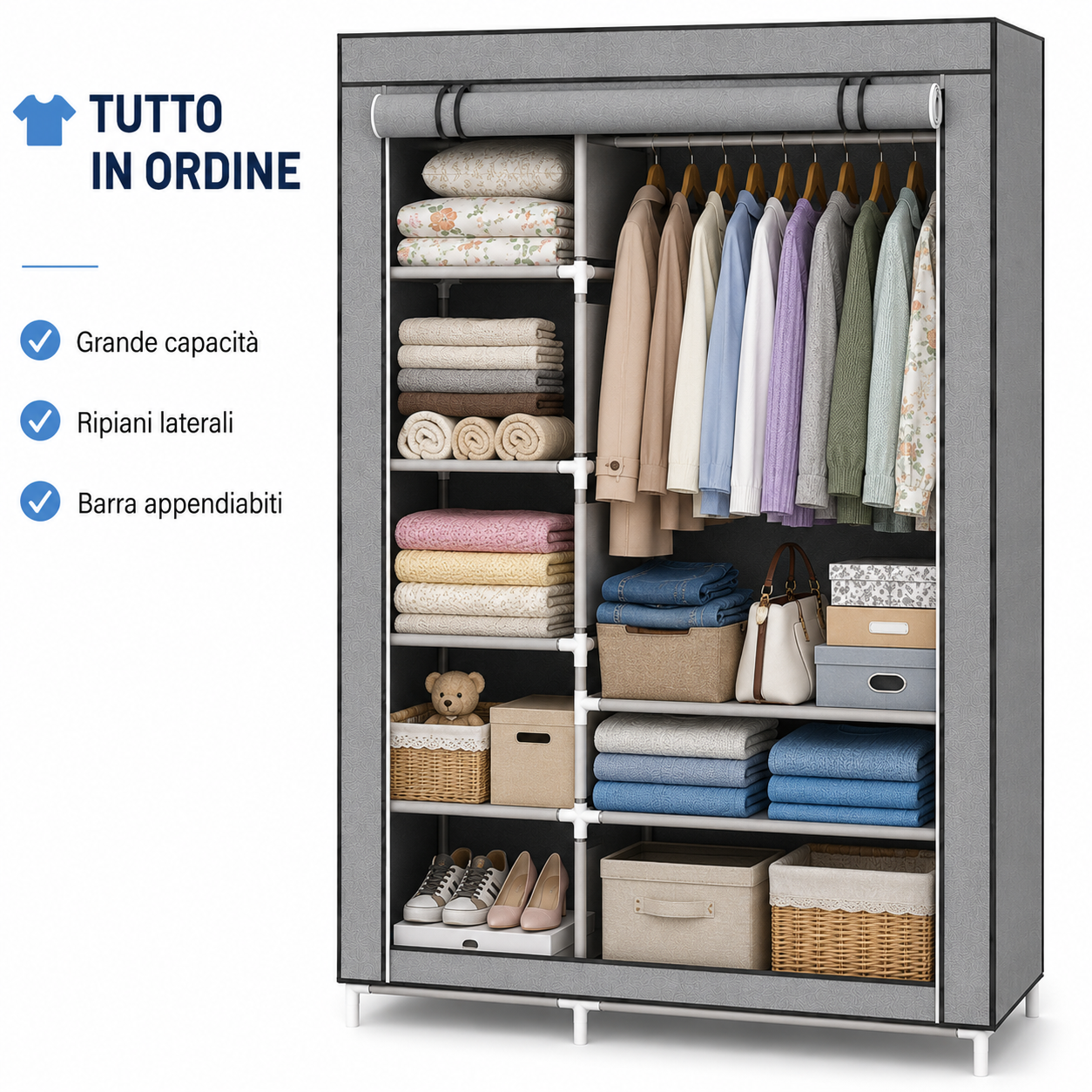 Armadio Guardaroba in Tessuto 175 × 105 × 45 cm, Armadio Pieghevole con Barra Appendiabiti e Ripiani, Armadio Salvaspazio con Struttura in Metallo e Chiusura con Cerniera, Colore Marrone