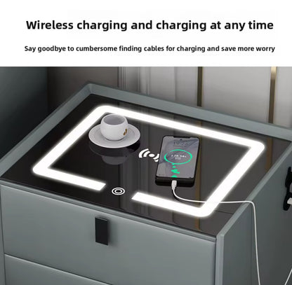 Bdit accessori-Comodino multifunzionale moderno con prese integrate, ricarica wireless e speaker – Design elegante con 2 cassetti