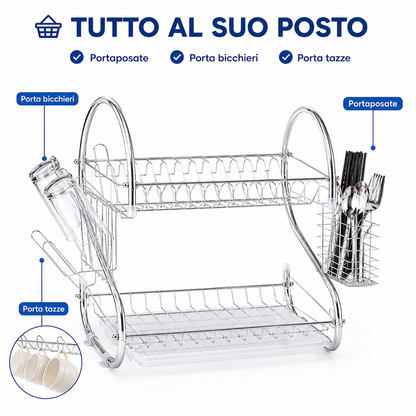 Scolapiatti da Cucina 2 Livelli 40 cm, Scolapiatti in Acciaio Cromato con Vaschetta Raccogligocce, Portaposate, Porta Bicchieri e Ganci Porta Tazze, Sgocciolatoio Salvaspazio per Piano Cucina