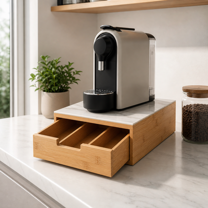 Cassetto Portacapsule in Bamboo con Piano in Vetro Effetto Marmo – Organizer Capsule Caffè 3 Scomparti, Porta Capsule e Cialde, Salvaspazio per Cucina e Coffee Station