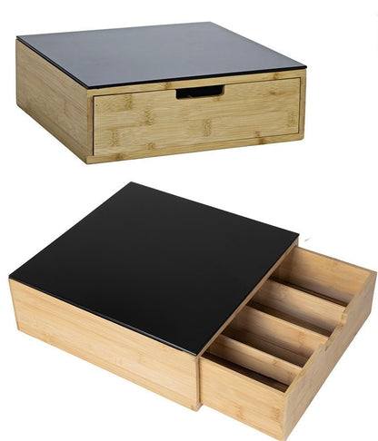 ☕ Porta Capsule Caffè in Bambù con Cassetto e Piano in Vetro Temperato – Organizer 4 Scomparti 🌿