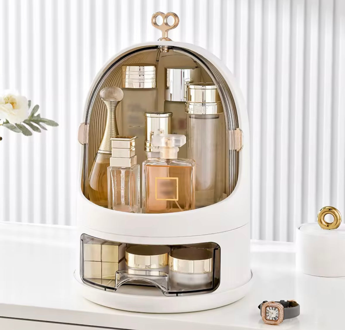 Organizer Porta Trucchi con Coperchio Antipolvere e Cassetti – Scatola Makeup Grande da Tavolo