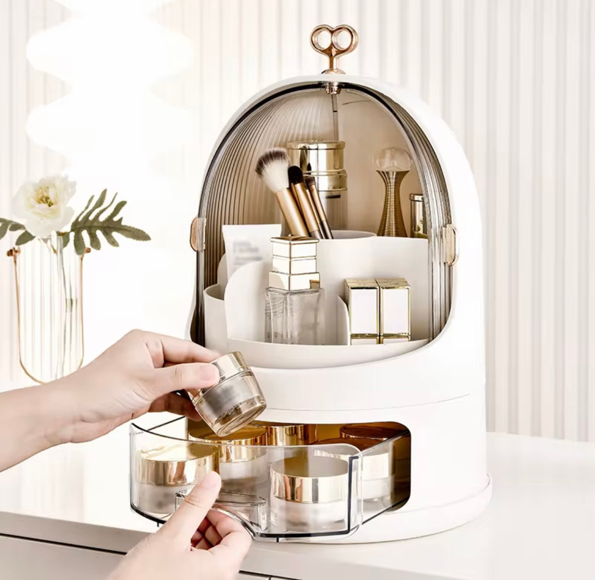 Organizer Porta Trucchi con Coperchio Antipolvere e Cassetti – Scatola Makeup Grande da Tavolo