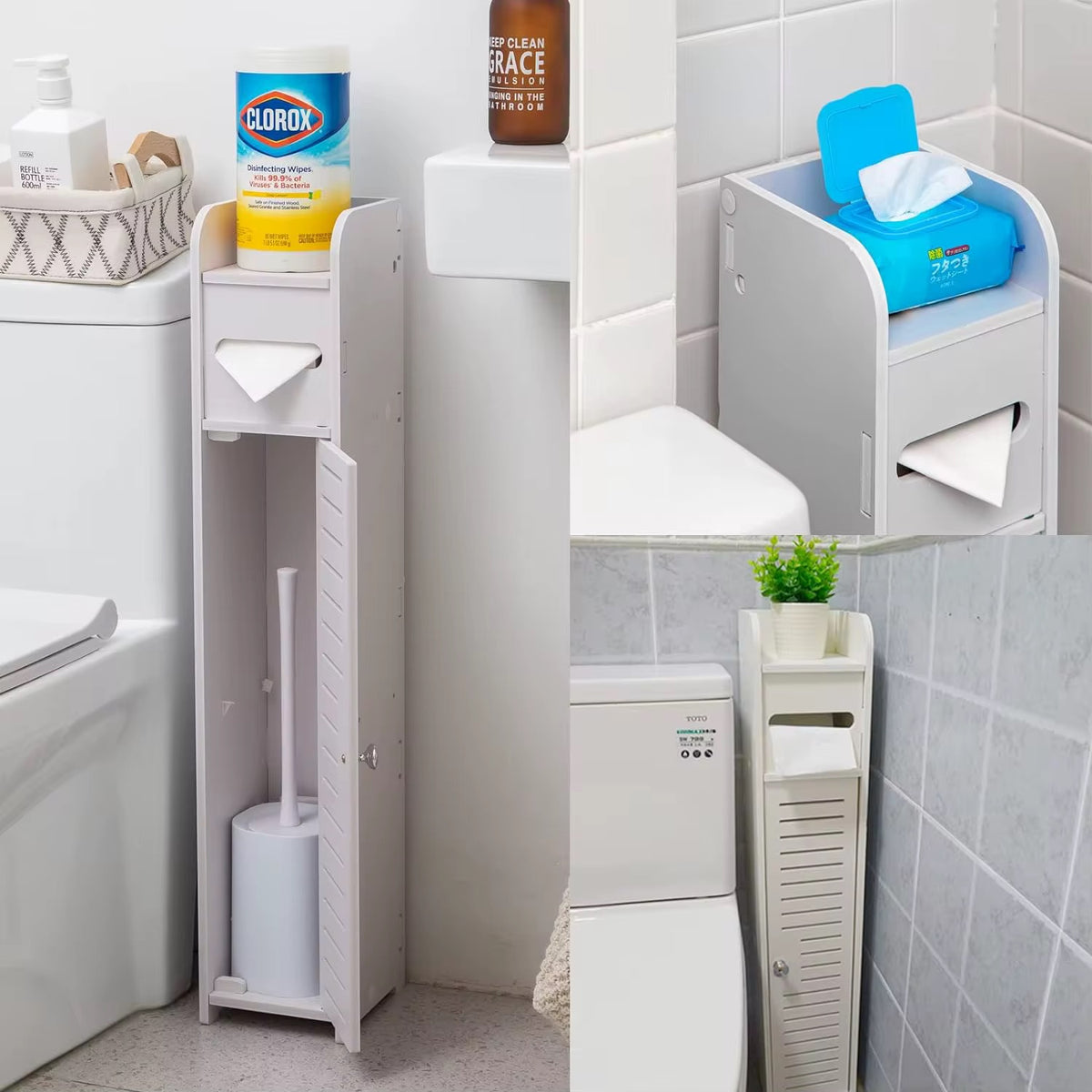 Mobiletto Salvaspazio da Bagno – Colonna Slim con Porta Carta Igienica e Vano Porta Scopino