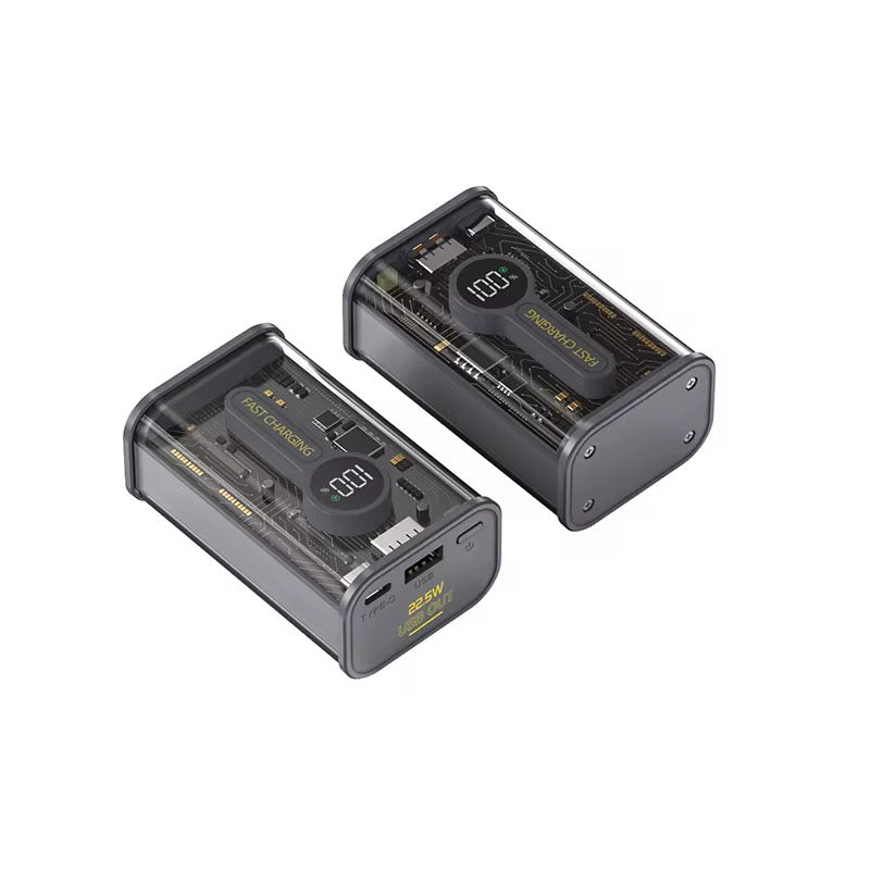 Power Bank Cyberpunk 22.5W – Ricarica Rapida Ultra-Compatta con Design Trasparente
