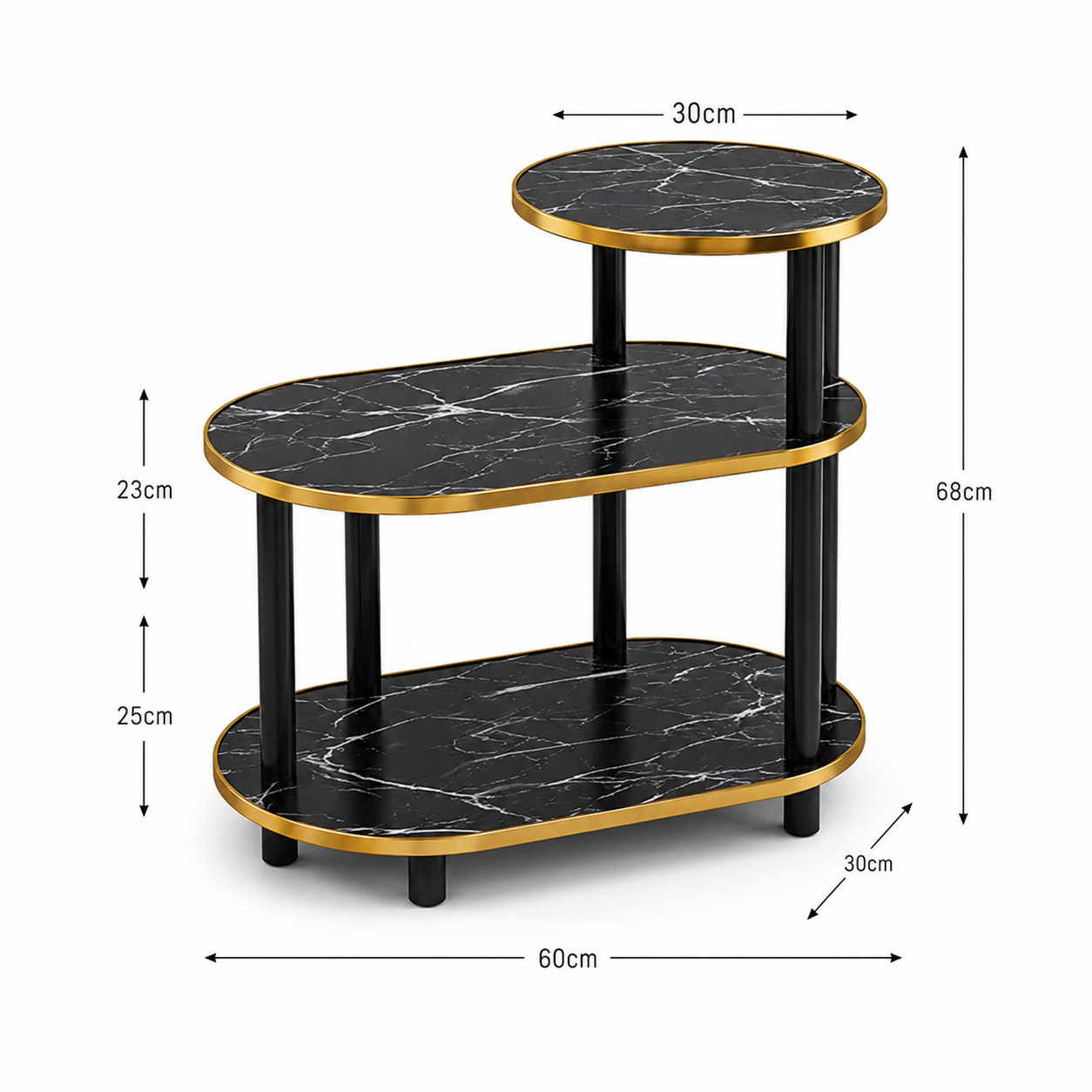 Tavolino da Salotto Nero Marmo Oro, Tavolino Laterale Moderno a 3 Ripiani, Mobile Bar Elegante Multiuso, Comodino Design Scandinavo con Struttura in Metallo Nero e Bordi Oro, 60x30x68 cm