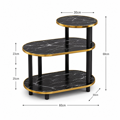 Tavolino da Salotto Nero Marmo Oro, Tavolino Laterale Moderno a 3 Ripiani, Mobile Bar Elegante Multiuso, Comodino Design Scandinavo con Struttura in Metallo Nero e Bordi Oro, 60x30x68 cm