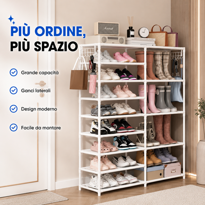 Scarpiera Salvaspazio con Ganci Laterali, Scaffale Portascarpe con Ripiani in Tessuto, Organizer Scarpe Multiuso, Telaio in Metallo, Grande Capacità, per Ingresso, Camera, Cabina Armadio e Ripostiglio, Bianca