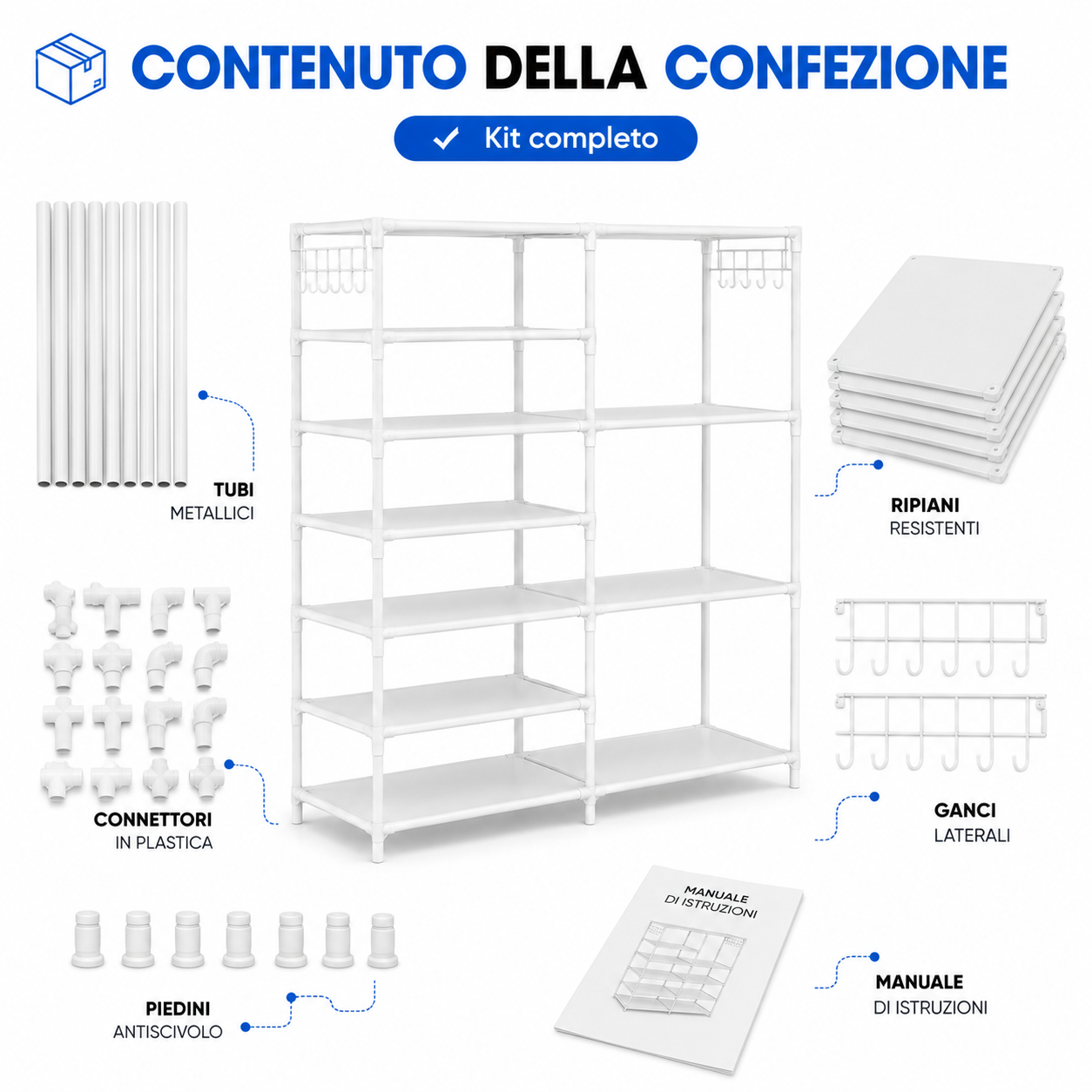 Scarpiera Salvaspazio con Ganci Laterali, Scaffale Portascarpe con Ripiani in Tessuto, Organizer Scarpe Multiuso, Telaio in Metallo, Grande Capacità, per Ingresso, Camera, Cabina Armadio e Ripostiglio, Bianca