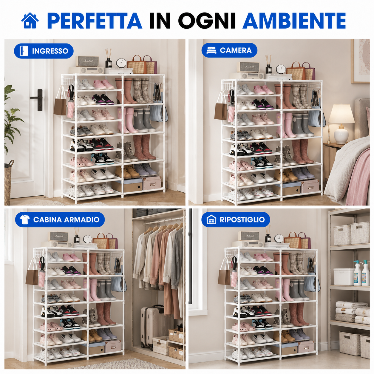 Scarpiera Salvaspazio con Ganci Laterali, Scaffale Portascarpe con Ripiani in Tessuto, Organizer Scarpe Multiuso, Telaio in Metallo, Grande Capacità, per Ingresso, Camera, Cabina Armadio e Ripostiglio, Bianca