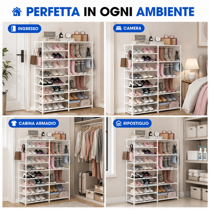 Scarpiera Salvaspazio con Ganci Laterali, Scaffale Portascarpe con Ripiani in Tessuto, Organizer Scarpe Multiuso, Telaio in Metallo, Grande Capacità, per Ingresso, Camera, Cabina Armadio e Ripostiglio, Bianca