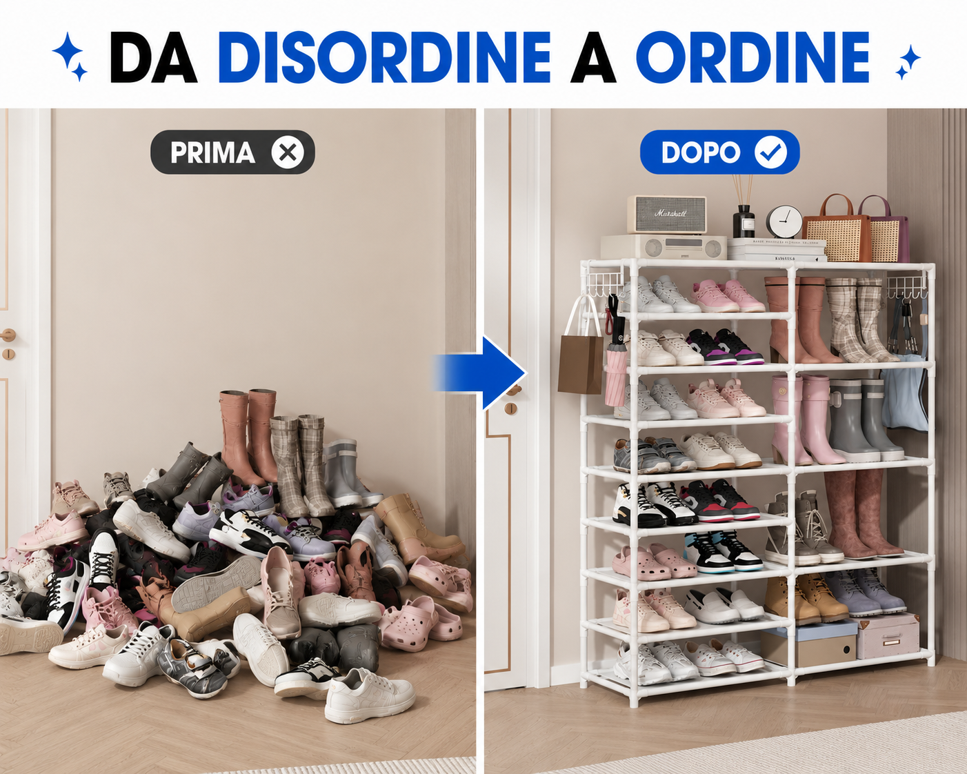 Scarpiera Salvaspazio con Ganci Laterali, Scaffale Portascarpe con Ripiani in Tessuto, Organizer Scarpe Multiuso, Telaio in Metallo, Grande Capacità, per Ingresso, Camera, Cabina Armadio e Ripostiglio, Bianca