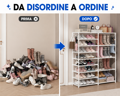 Scarpiera Salvaspazio con Ganci Laterali, Scaffale Portascarpe con Ripiani in Tessuto, Organizer Scarpe Multiuso, Telaio in Metallo, Grande Capacità, per Ingresso, Camera, Cabina Armadio e Ripostiglio, Bianca