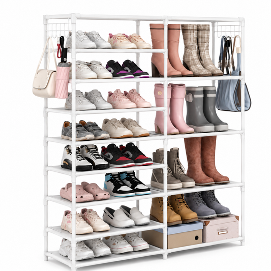 Scarpiera Salvaspazio con Ganci Laterali, Scaffale Portascarpe con Ripiani in Tessuto, Organizer Scarpe Multiuso, Telaio in Metallo, Grande Capacità, per Ingresso, Camera, Cabina Armadio e Ripostiglio, Bianca