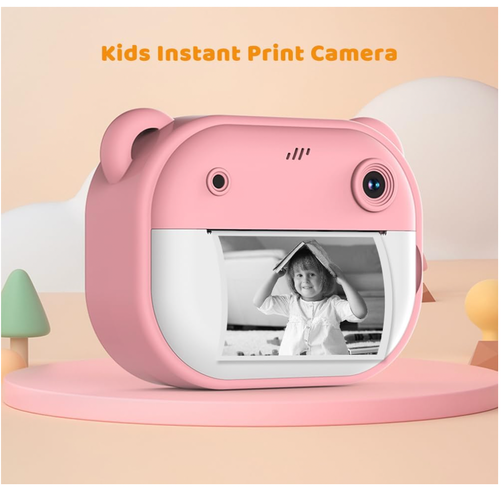 bdit accesori Fotocamera Istantanea Andoer per Bambini 1080P Dual Lente con Schermo da 2 Pollici e Carta Termica, Regalo per Bambini Rosa 3+ Anni
