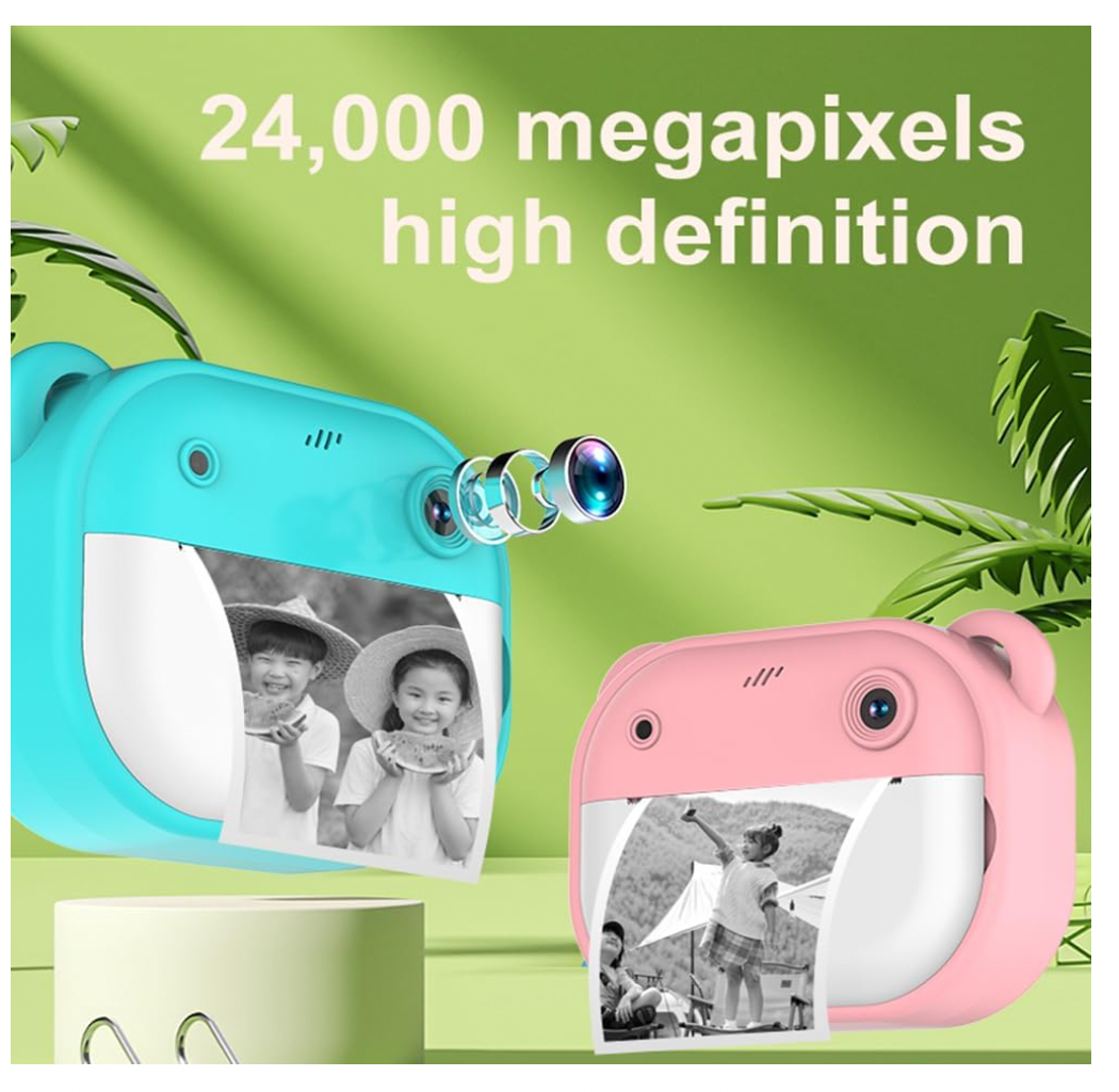bdit accesori Fotocamera Istantanea Andoer per Bambini 1080P Dual Lente con Schermo da 2 Pollici e Carta Termica, Regalo per Bambini Rosa 3+ Anni