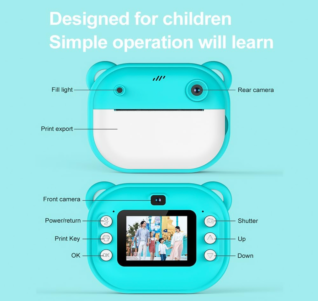 bdit accesori Fotocamera Istantanea Andoer per Bambini 1080P Dual Lente con Schermo da 2 Pollici e Carta Termica, Regalo per Bambini Rosa 3+ Anni